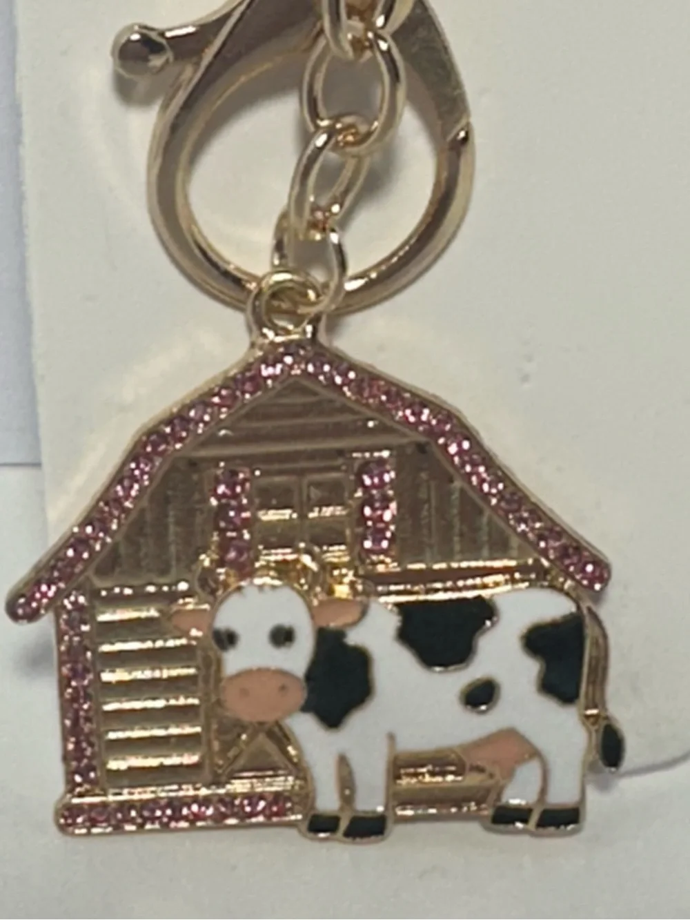 Gold-Tone Cow & Barn Keychain Charm - Pink Accent